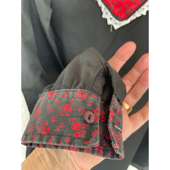 Vintage 1970s High Collar Prairie Blouse Black Red Size Small - Picture 3 of 12